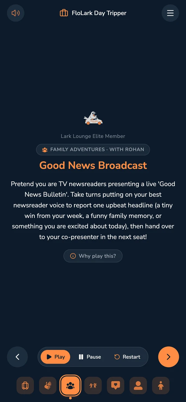 FloLark Play Screen: Family Adventures Good News Broadcast with Rohan