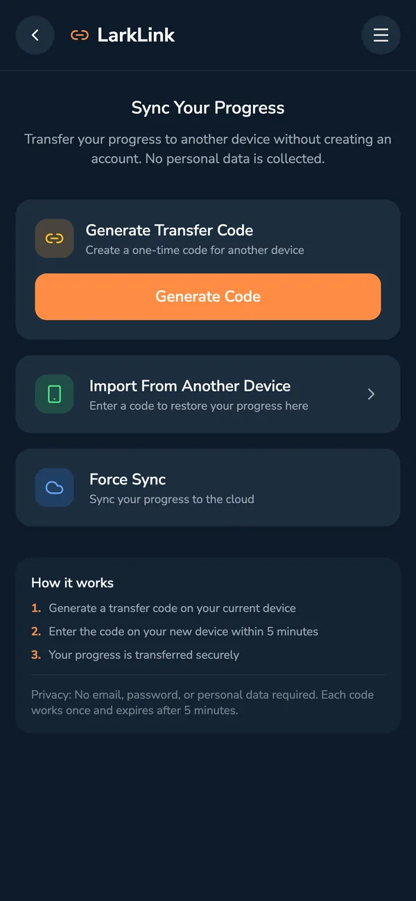 FloLark LarkLink Anonymous Sync Screen